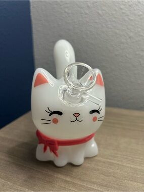 GlassWhite Cat Water Piece with Pink Accents